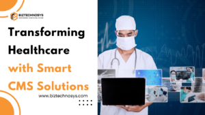 Doctor using a laptop with digital healthcare visuals and smart CMS solutions.