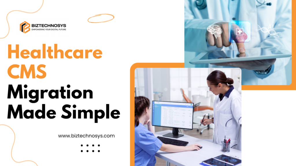 Doctor using digital tablet with healthcare CMS migration concept and patient data system.