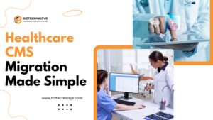 Doctor using digital tablet with healthcare CMS migration concept and patient data system.