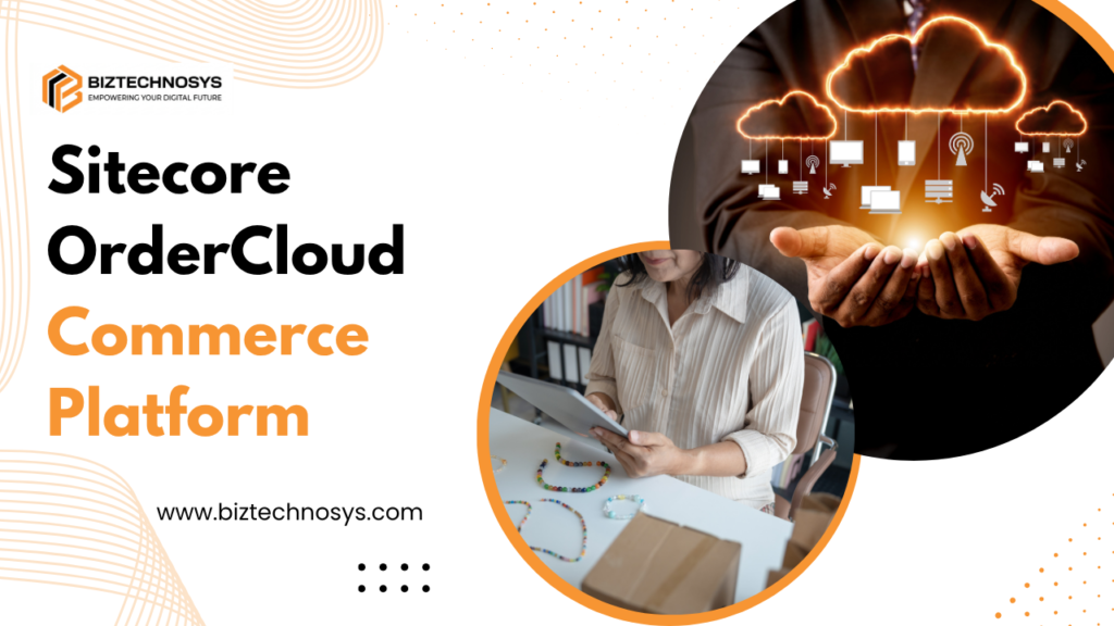 Sitecore OrderCloud commerce platform with cloud-based digital commerce illustration.